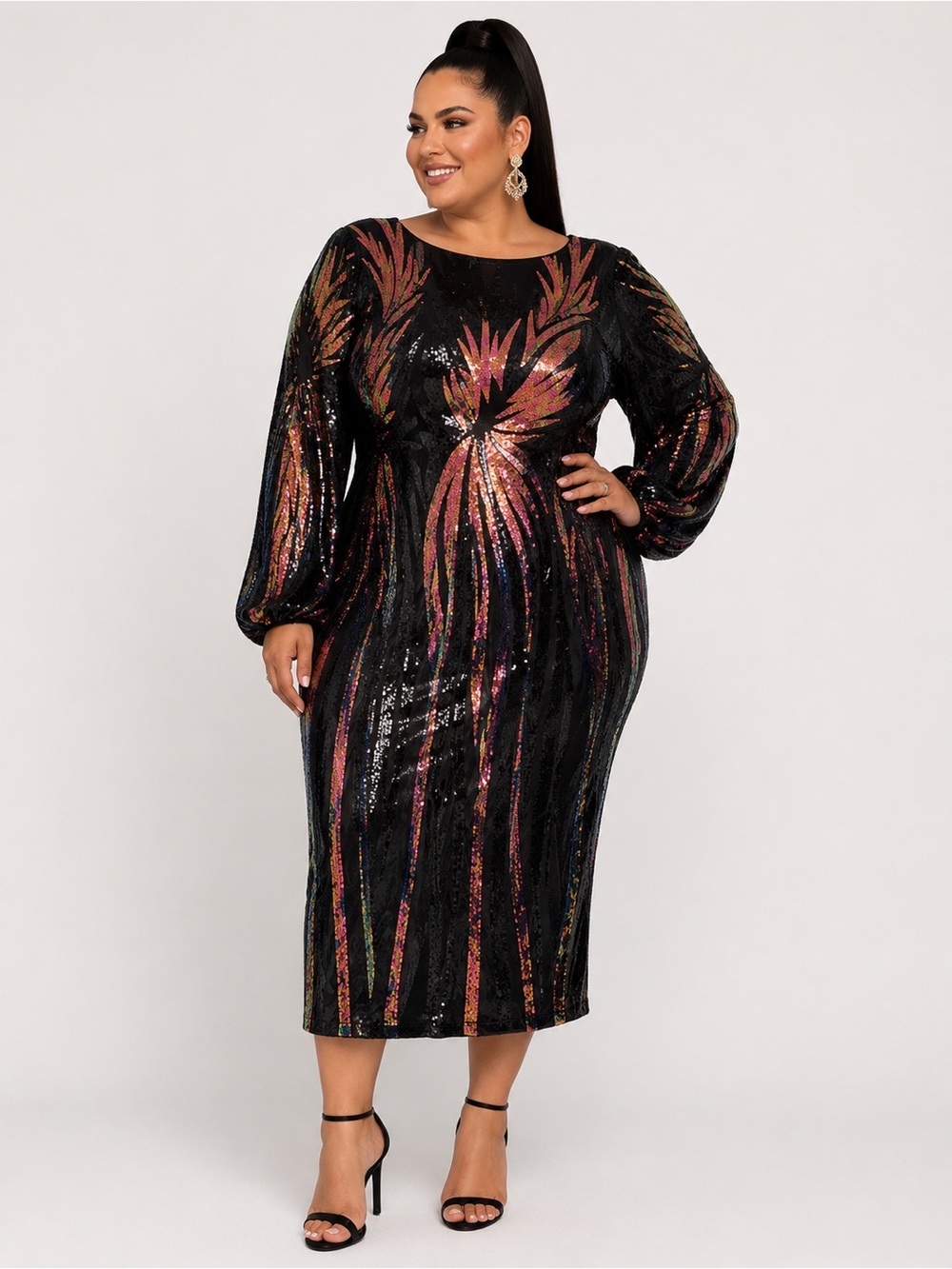 Faeriesty “Sunset” Black Sequin Midi Dress with Iridescent Print Size 4XL
